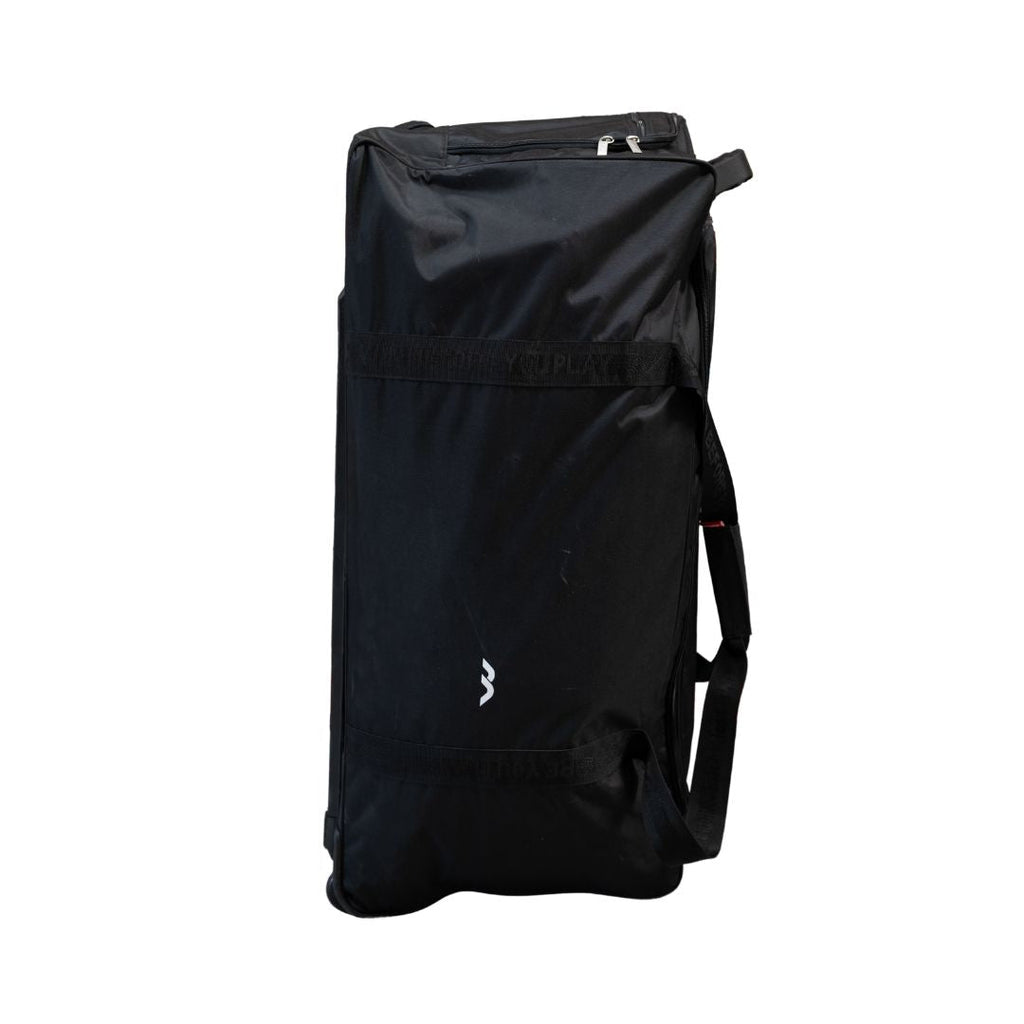 Mercian HOEV126GKBLK black goalkeeper hockey wheel bag opposite side view with reinforced carry straps and durable outer shell.