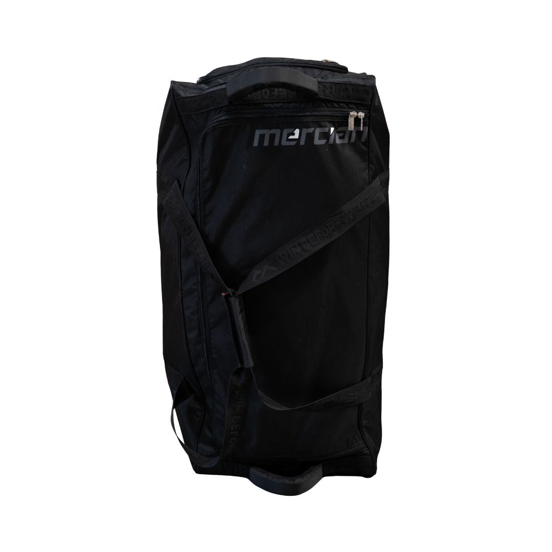Mercian HOEV126GKBLK black goalkeeper hockey wheel bag front view with shoulder carry strap and large storage compartment