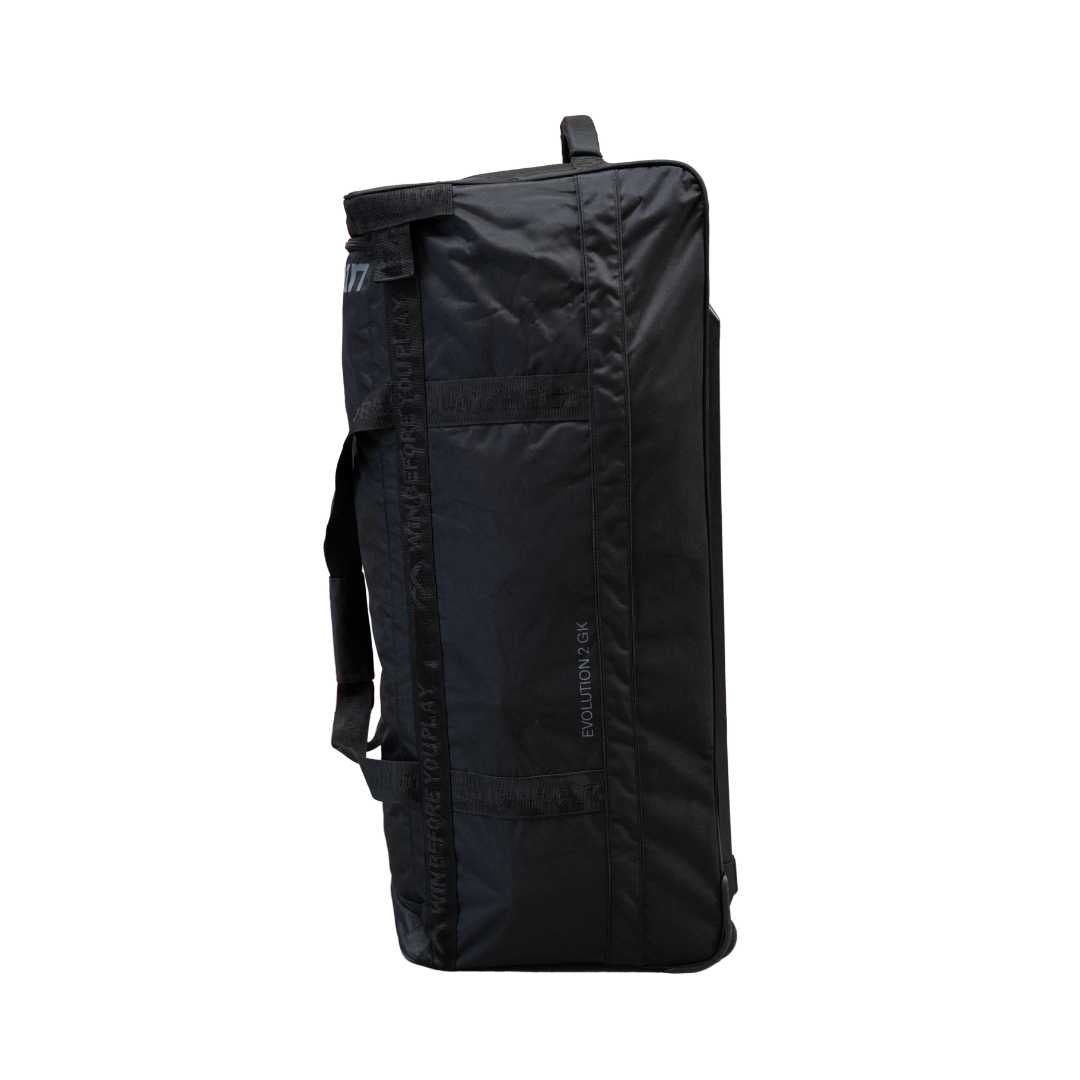Mercian HOEV226GKBLK black goalkeeper hockey wheel bag opposite side view with Evolution 2 GK branding and carry handles.