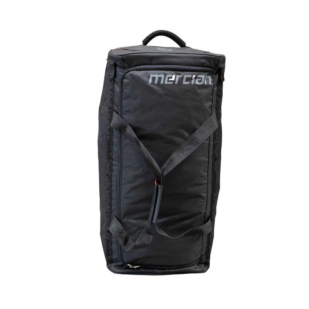 Mercian HOEV226GKBLK black goalkeeper hockey wheel bag front view with large storage compartment and shoulder carry strap.