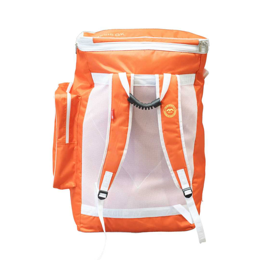 Mercian HOGE126GK orange goalkeeper hockey backpack front view with large external storage pocket and Mercian branding.