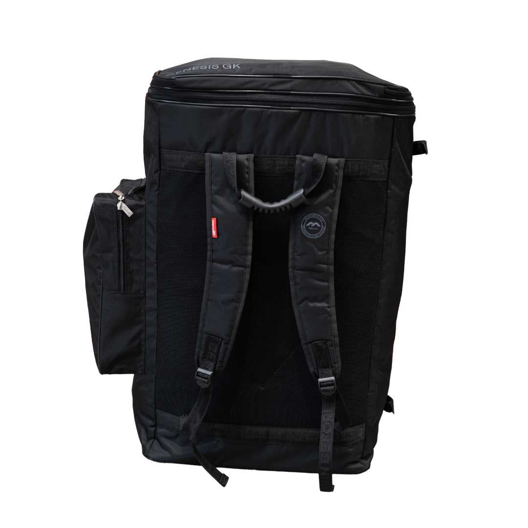Mercian HOGE126GK black goalkeeper hockey backpack rear view with padded mesh back panel and adjustable shoulder straps.