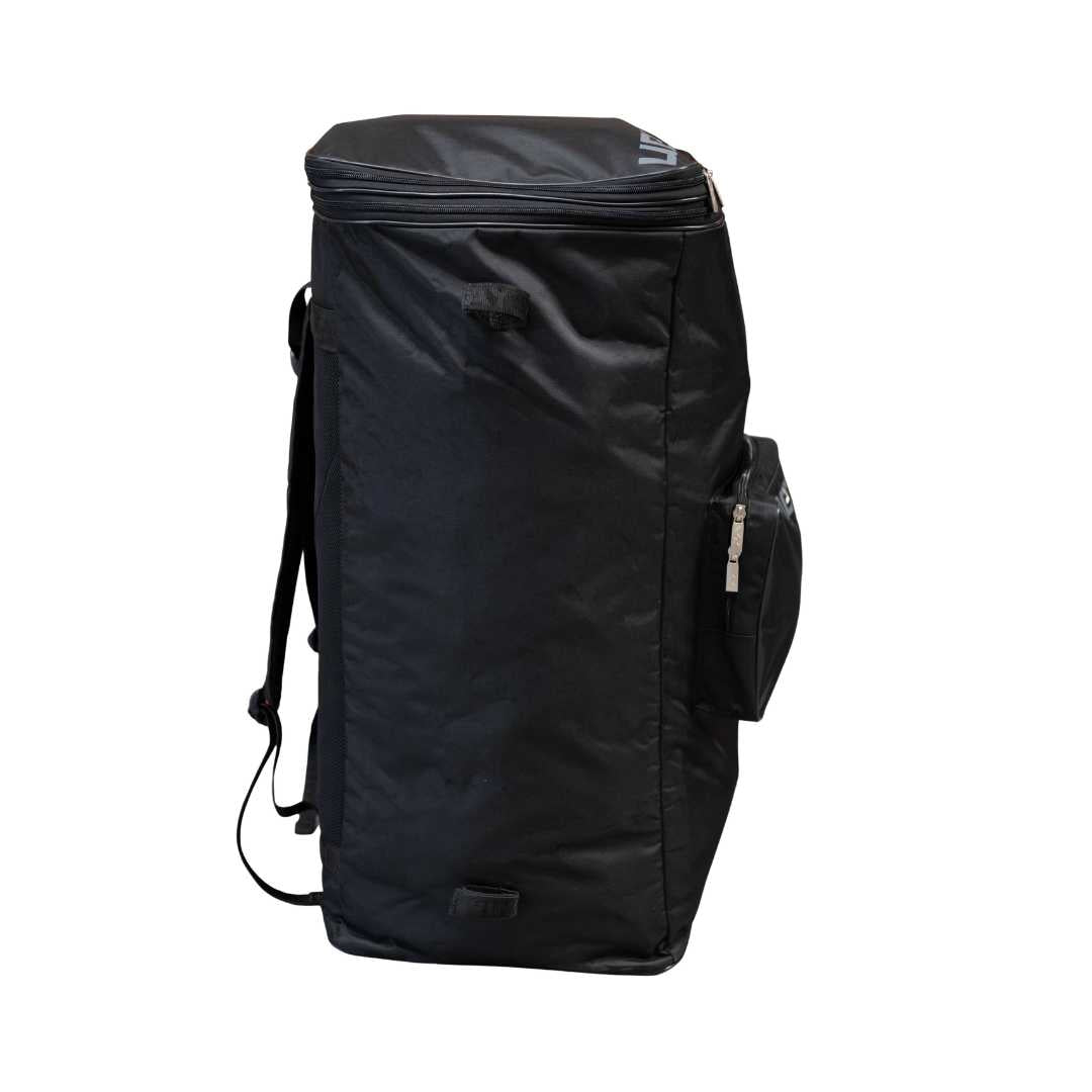 Mercian HOGE126GK black goalkeeper hockey backpack side view with external accessory pocket and large main storage compartment