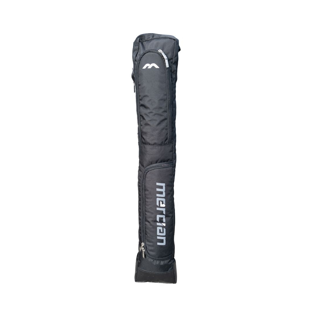 Mercian HOGE326BLK black hockey stick bag front view with Mercian branding and external accessory pocket