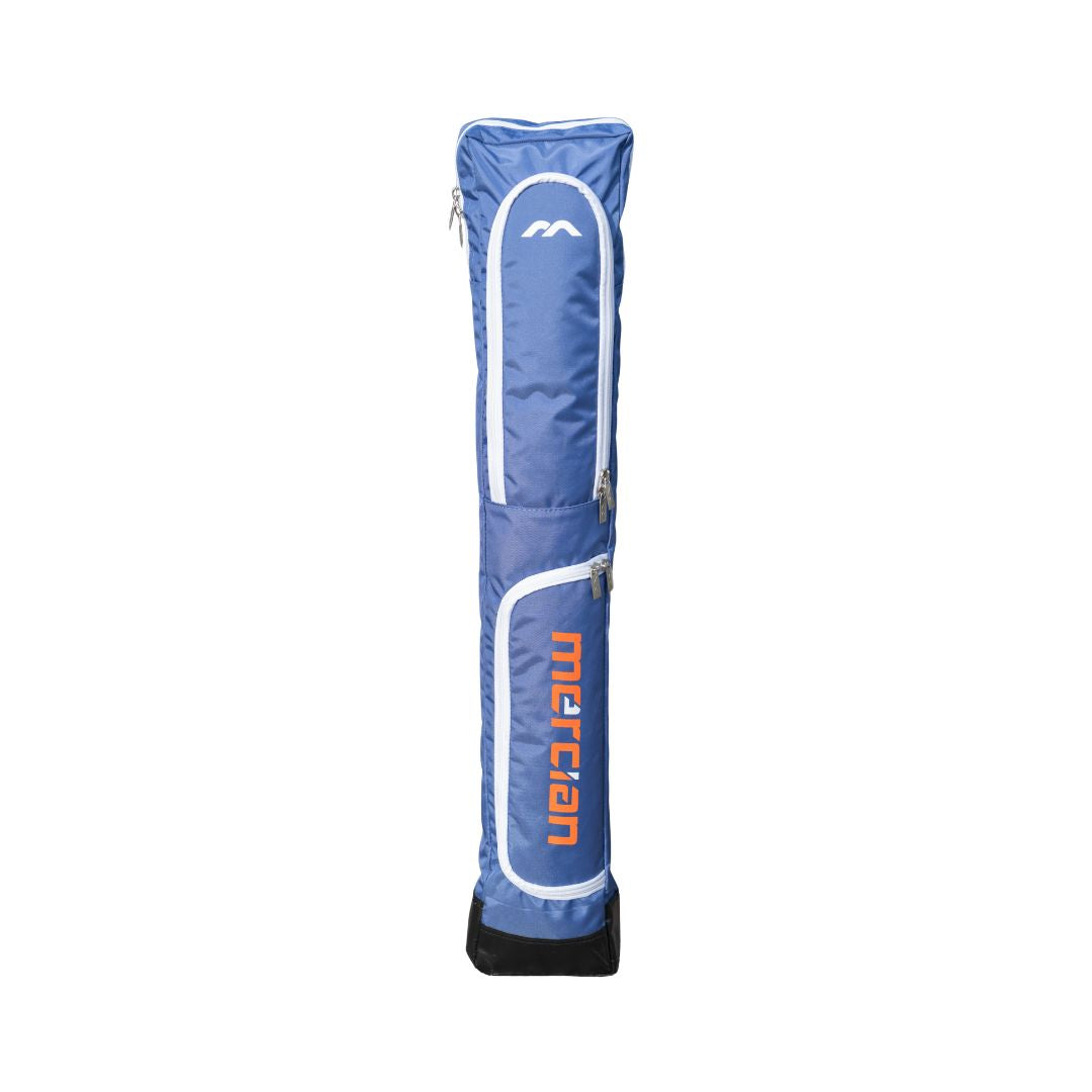 Mercian HOGE326BLU blue hockey stick bag front view with external accessory pocket and white trim detailing
