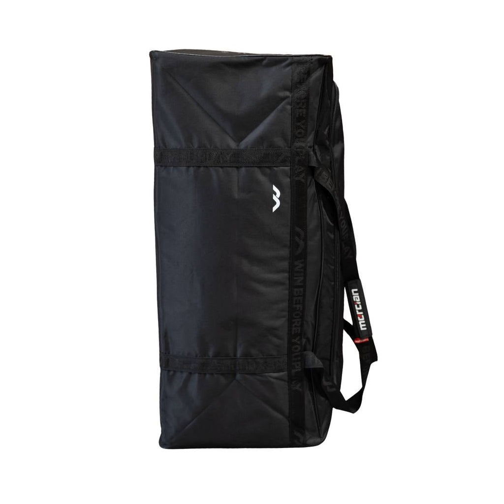 Mercian HOGE326GK black goalkeeper equipment bag opposite side view with carry handles and Mercian branding.