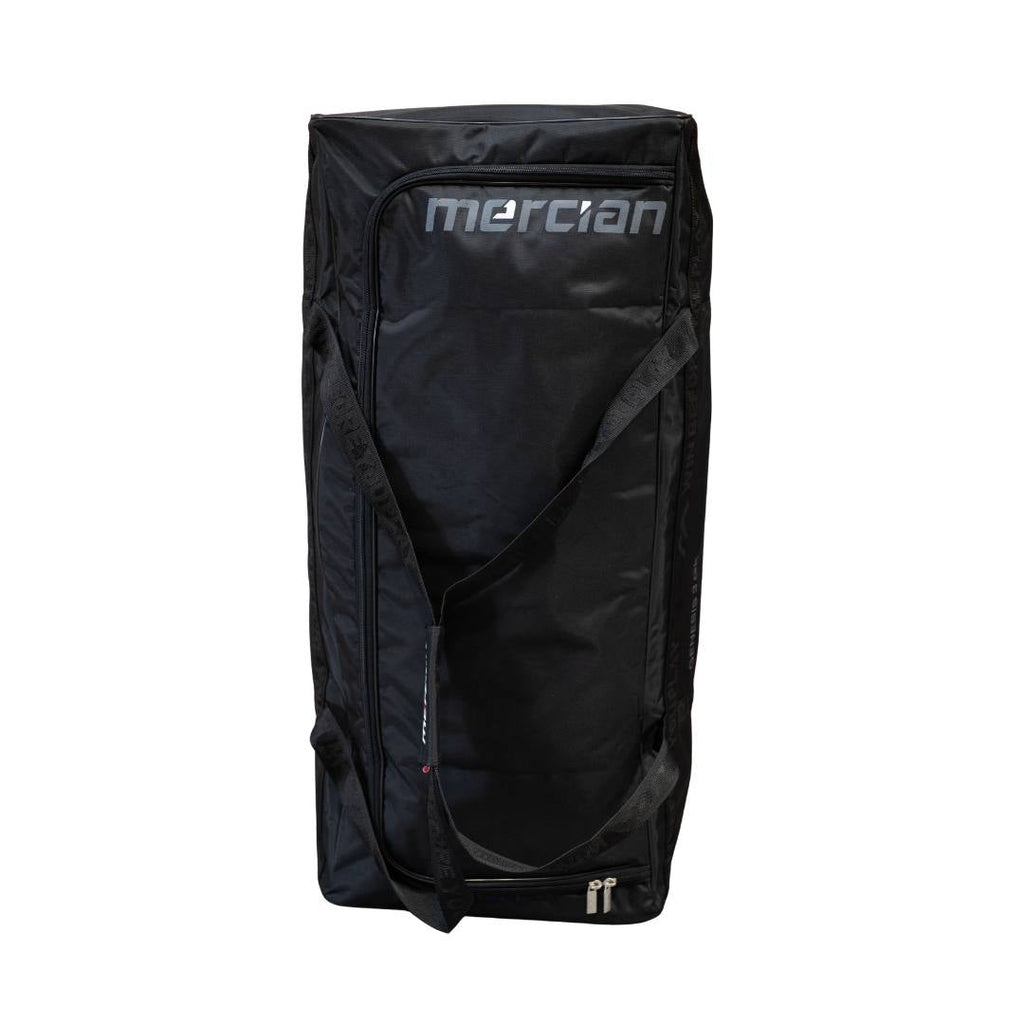 Mercian HOGE326GK black goalkeeper hockey equipment bag front view with large zip compartment and shoulder carry strap
