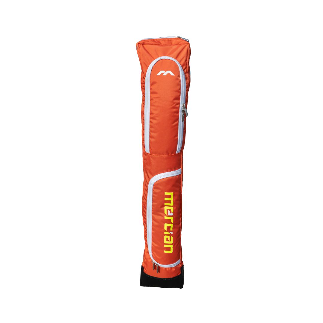 Mercian HOGE326ORG orange hockey stick bag front view with external accessory pocket and white trim detailing
