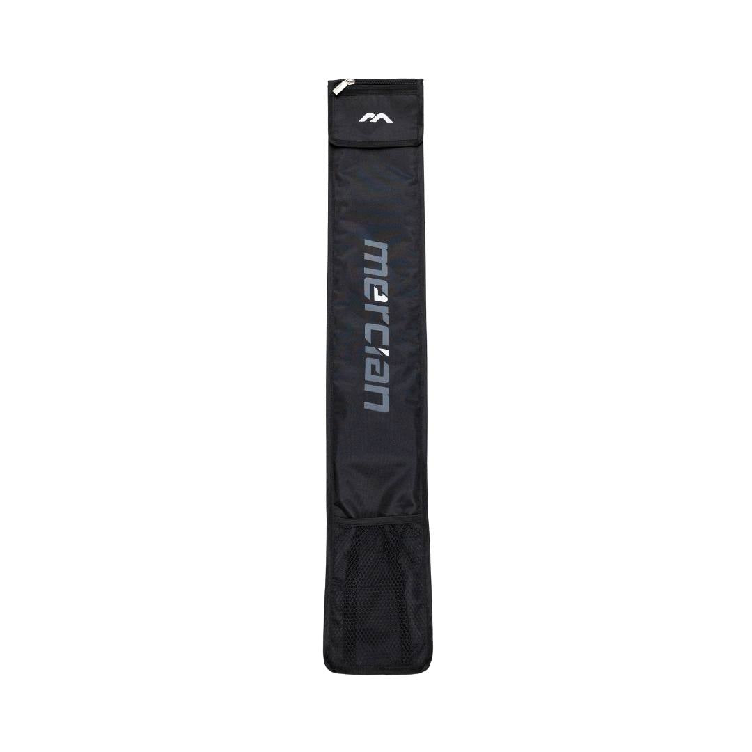 Mercian HOGE426BLK black hockey stick bag front view with vertical Mercian branding, mesh base pocket and zip top storage compartment.