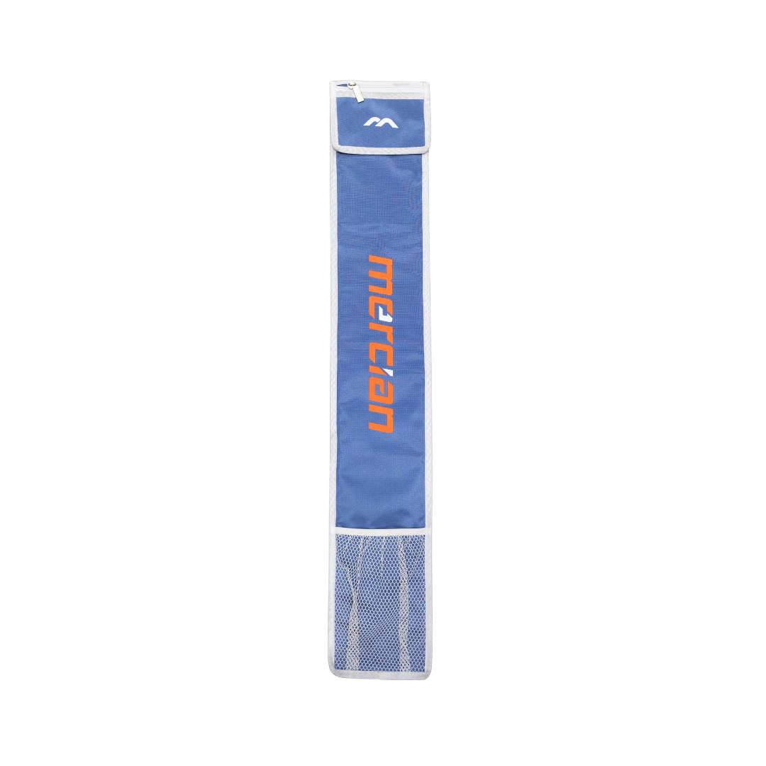 Mercian HOGE426BLU blue hockey stick bag front view with orange Mercian branding, white trim detailing and ventilated mesh lower section.