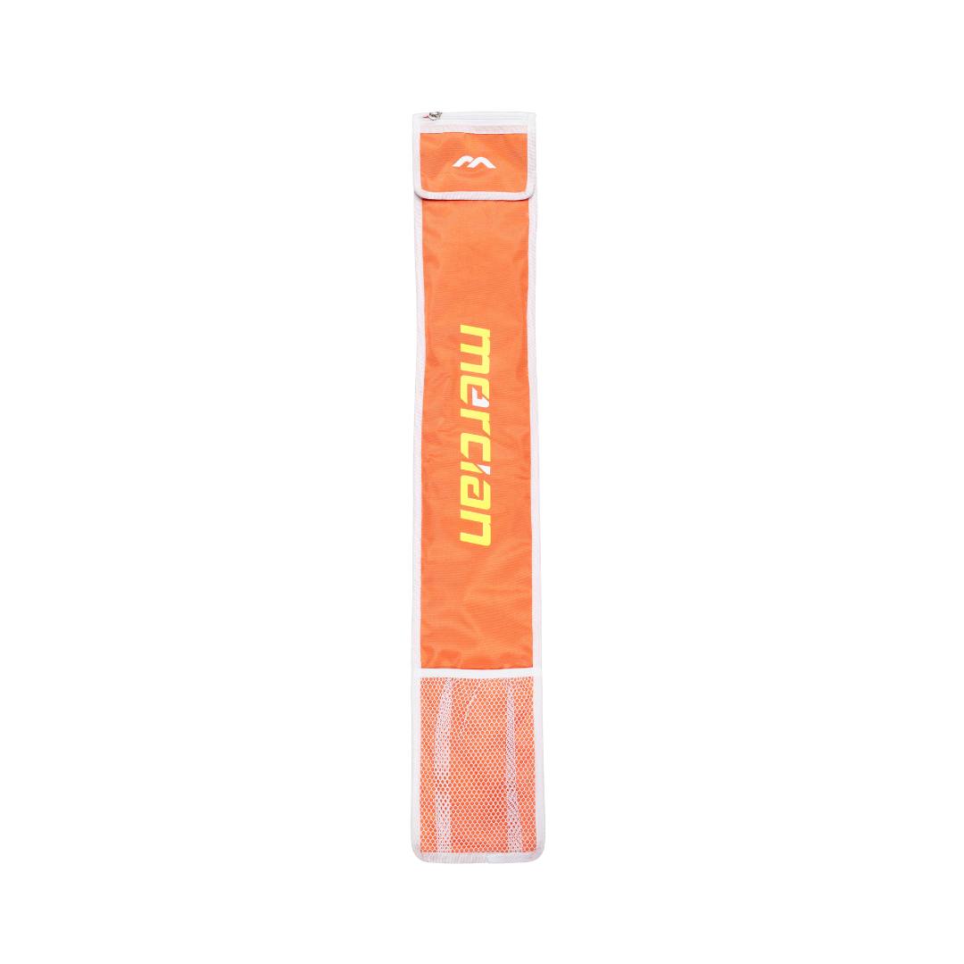 Mercian HOGE426ORG orange hockey stick sleeve front view with neon yellow Mercian branding, white piping and mesh storage base.