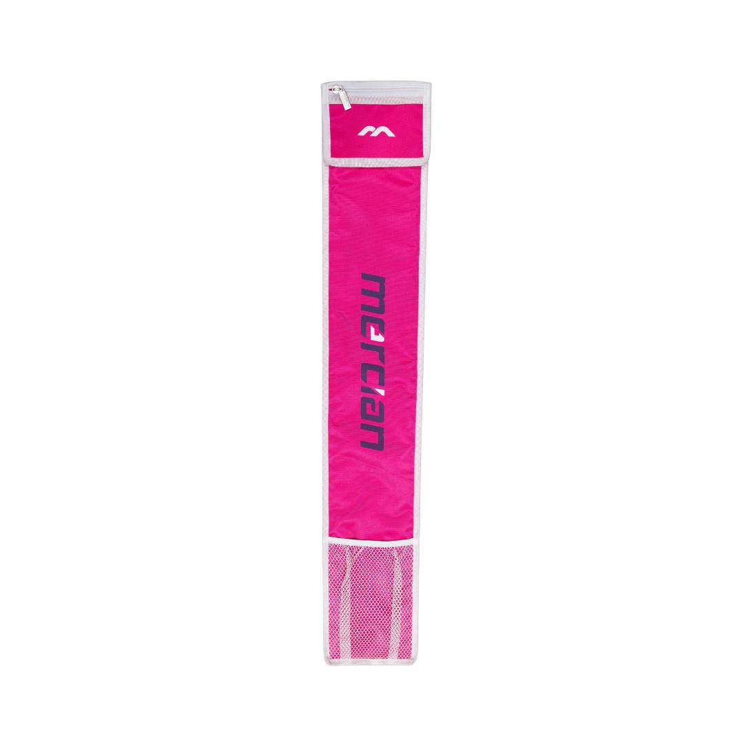 Mercian HOGE426PNK pink hockey stick sleeve front view with dark Mercian branding, white trim and ventilated mesh lower section.