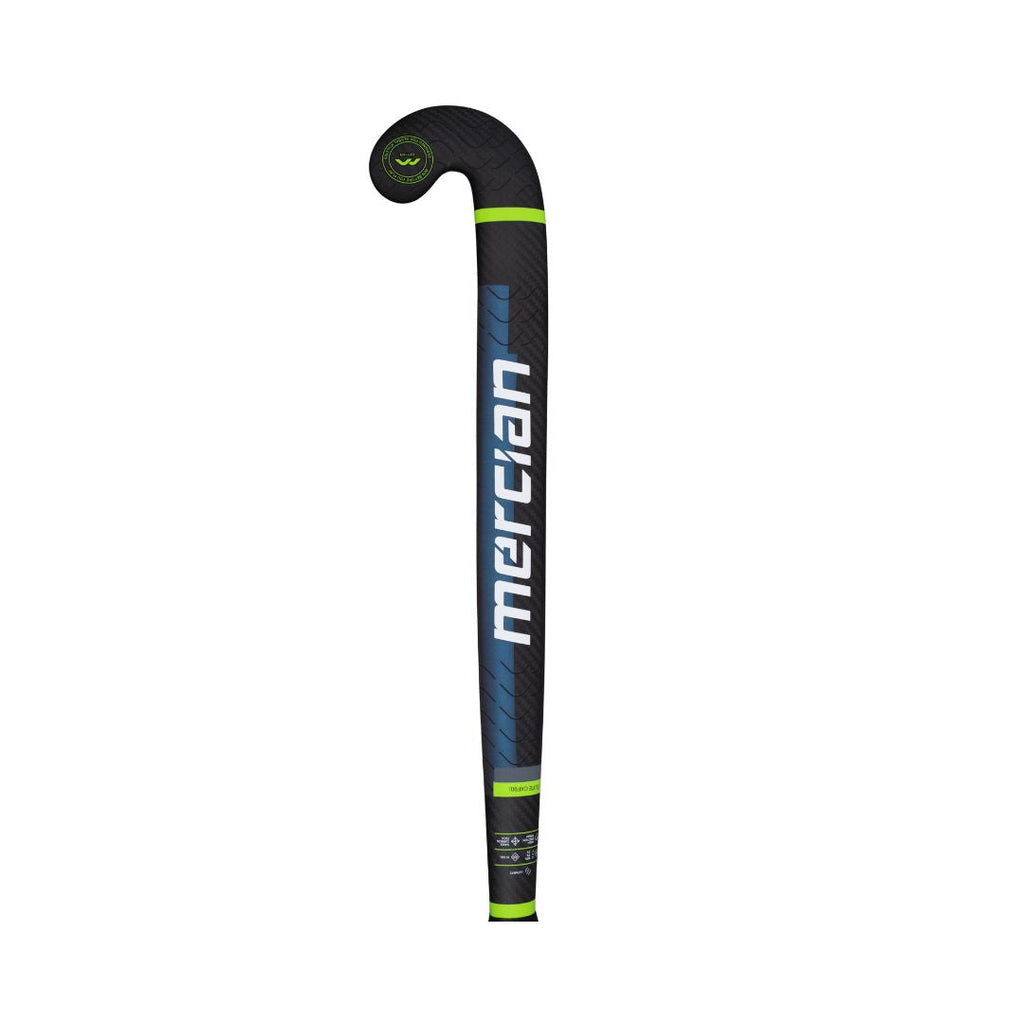 Rear view of Mercian Elite CKF90i indoor hockey stick in carbon and blue iridescent finish