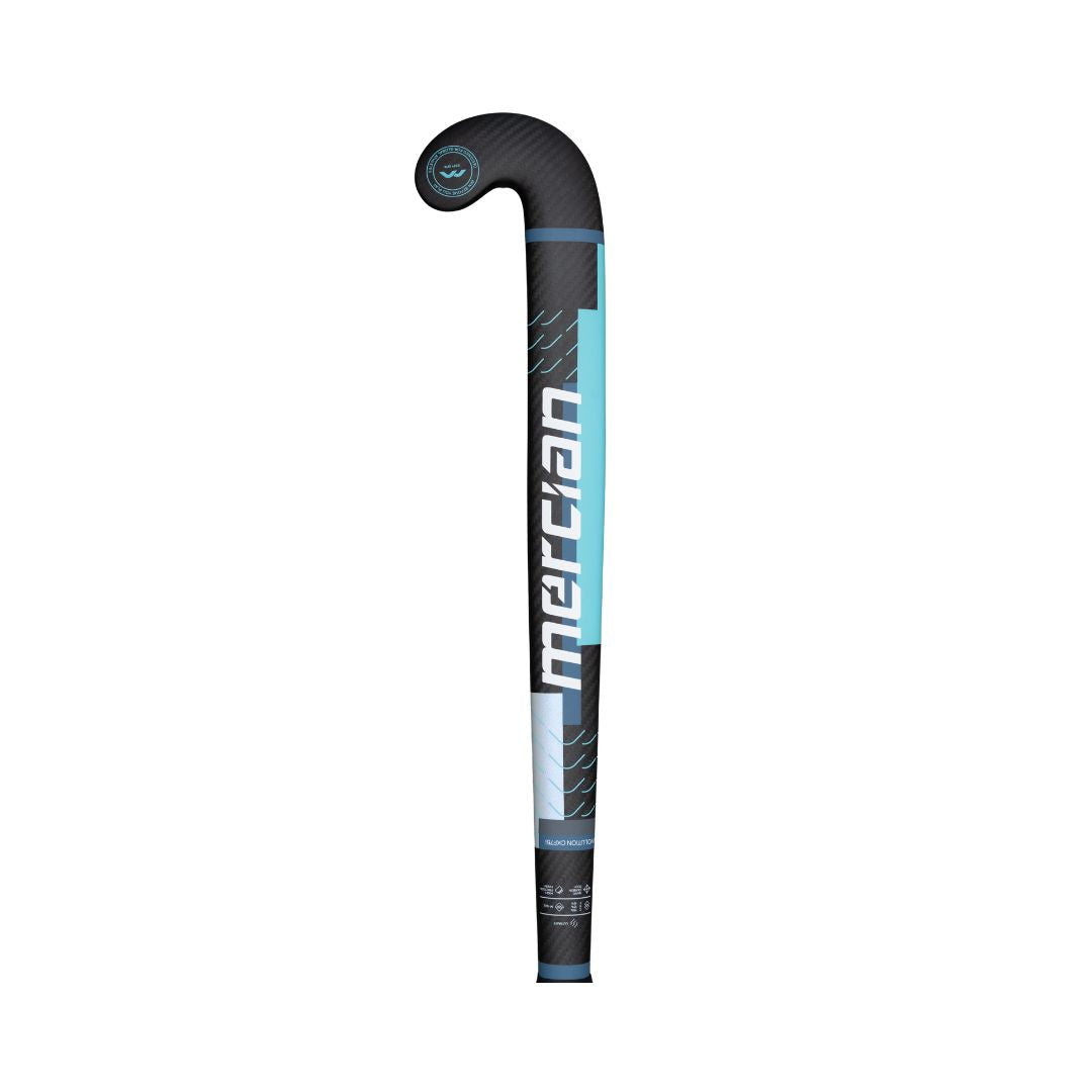 Rear view of Mercian Evolution CKF75 indoor hockey stick in carbon and blue finish