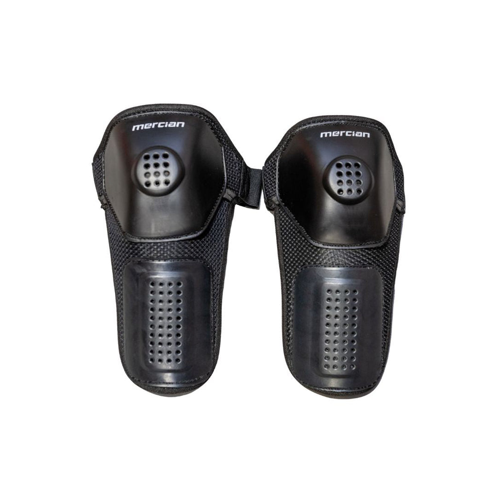 Mercian Penalty Corner Knee Pads front view featuring ventilated hard-shell knee protection and reinforced shin coverage designed for high-impact penalty corner defence situations.